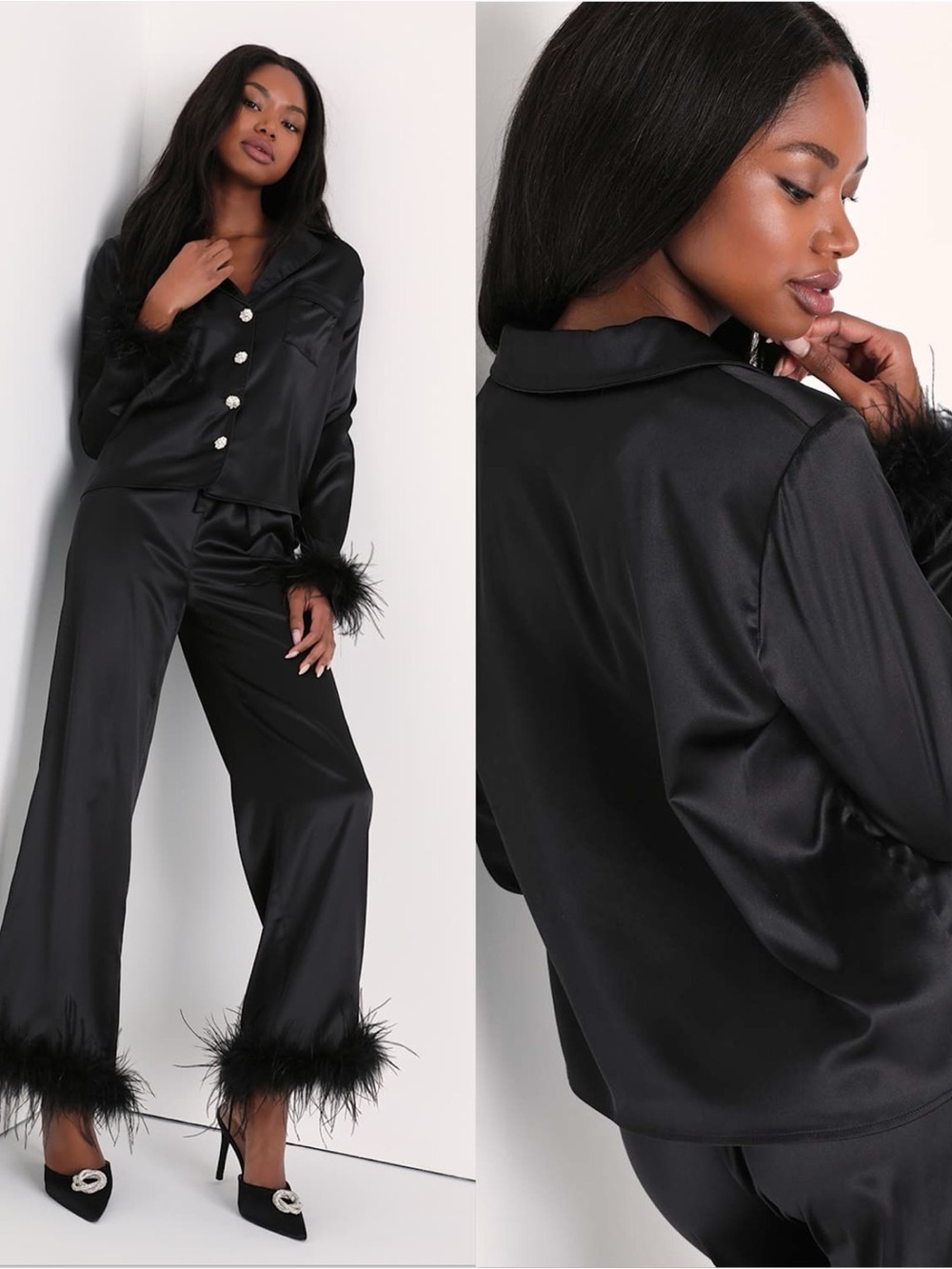 LULU’S Dreamiest Delight Black Satin Feather Two-Piece Pajama Set
